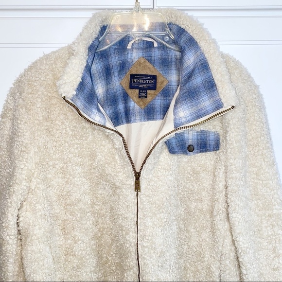 Pendleton Sherpa Cream Zip Jacket Blue Plaid Accents XL Gorpcore cozy - Picture 7 of 15